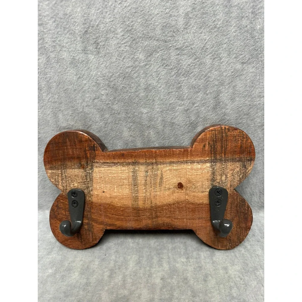 Dog Bone Wall Hook Rack Brown Wood 2-Hook Leash Key Holder Rustic